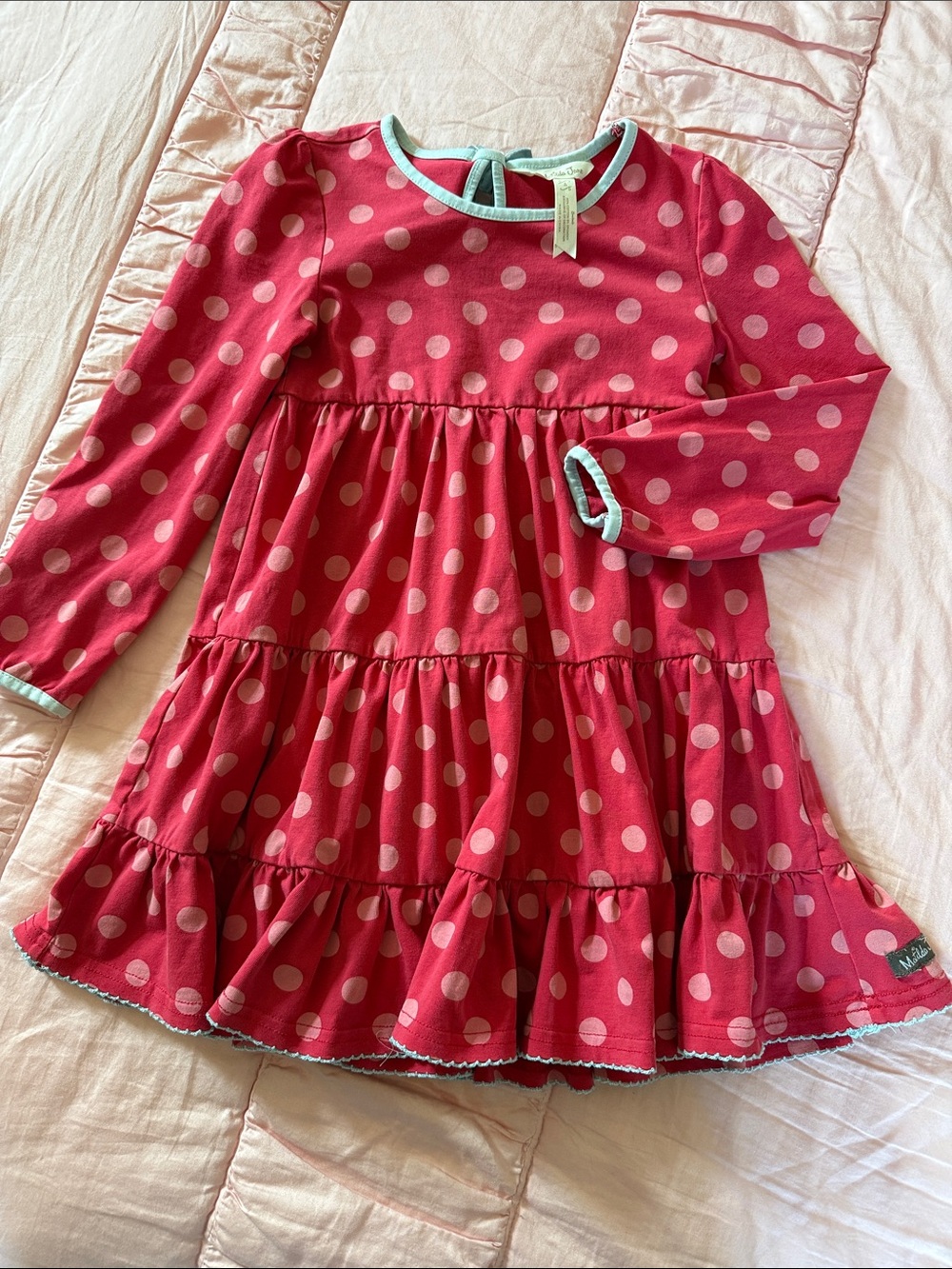 Matilda Jane Pink Polka Dot Tiered Dress with Mint Trim